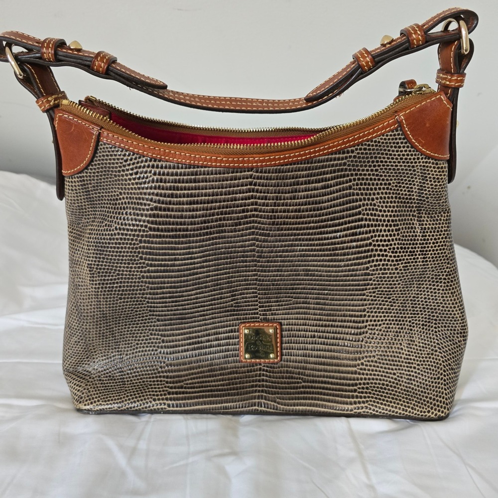 Dooney & Bourke Hobo Bag Womens Large Grey Lizard Embossed Leather Brown Trim